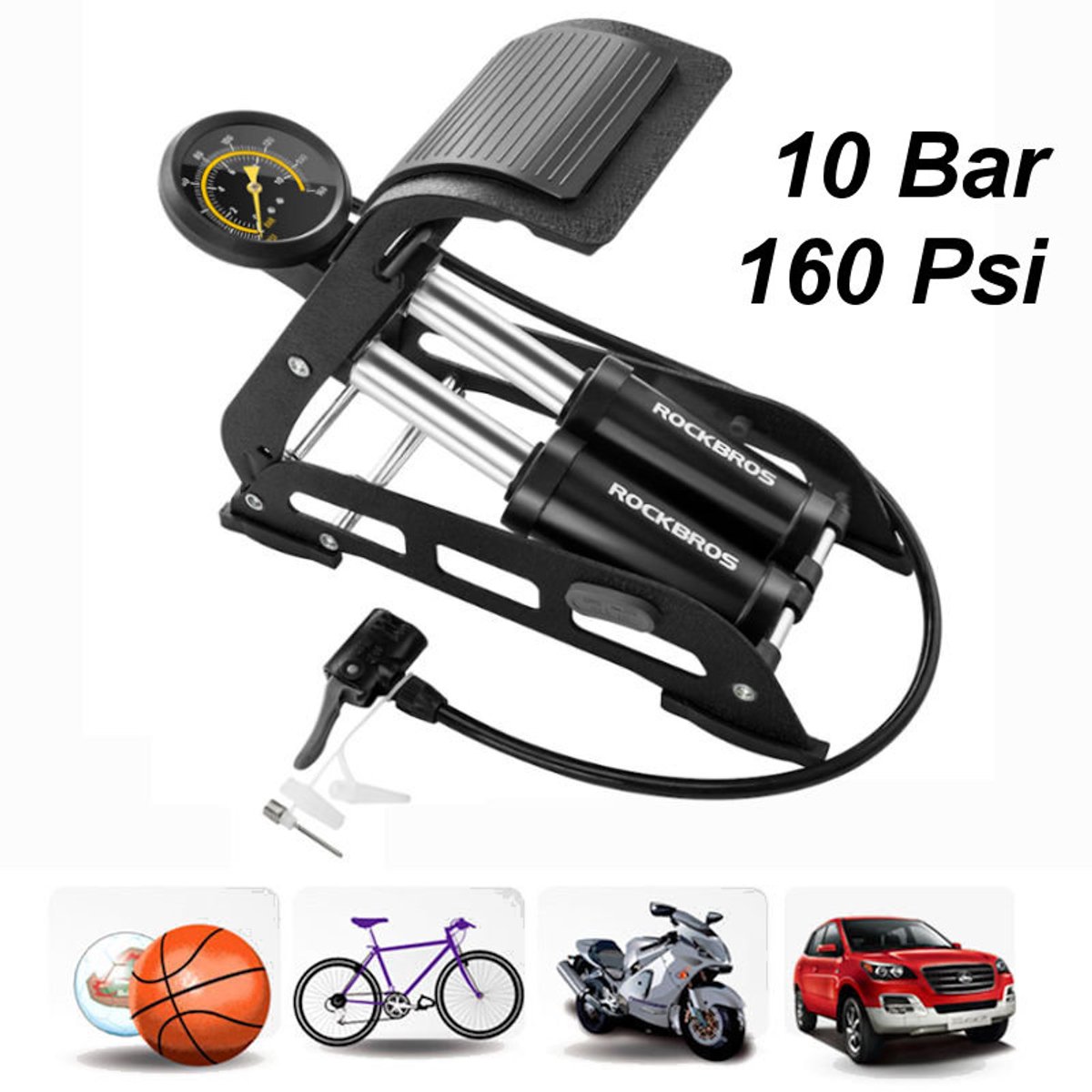 Decopatent® PRO Voetpomp - Fietspomp met drukmeter 160 Psi - Dubbele Cilinder en Manometer - Autobanden - Fietsenband - Motorband
