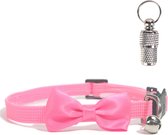 Kattenhalsband met strikje en belletje - Inclusief adreskoker - Verstelbaar - 19 / 32 cm - Kattenbandje - Halsband kat - Cat - Kitten - Katten halsband - Roze