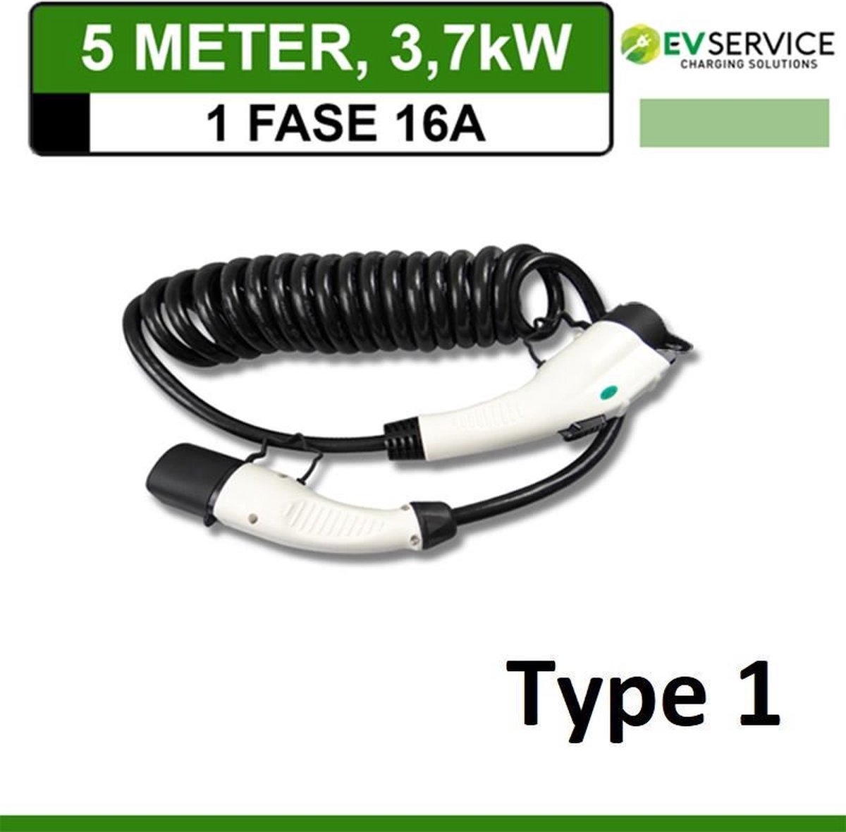 EVservice elektrische auto type 1 laadkabel spiral mode 3 EV snellaadkabel voor elektrische voertuigen EV en PHEV 3,7 KW tot 7,4KW voor elektrische voertuigen (1 fase 16A 3,7KW - 5M)
