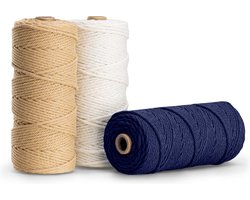 Navaris macramégaren set van 3 - Macramé touw 3 mm van 100% natuurlijk katoen - 100 m per klos - Koord in donkerblauw, crème en beige