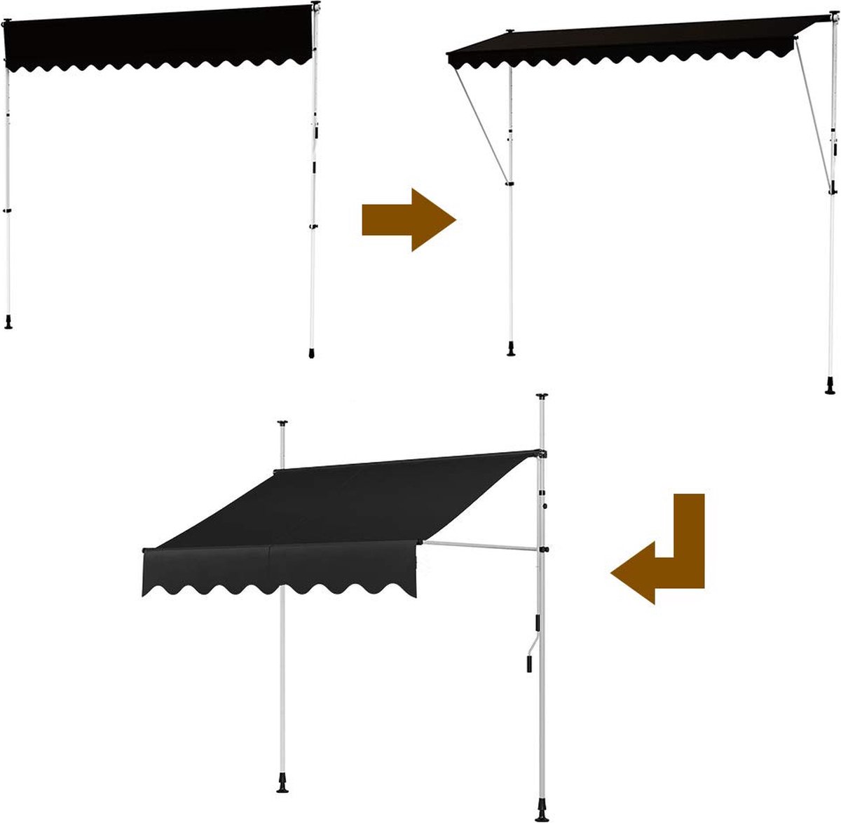 LARS360 Klemluifel, balkonluifel van polyester, balkon, luifel zonder boren met handslinger, in hoogte verstelbaar, zonwering, waterdicht, uv-bestendig, voor balkon, tuin, terras (350 x 120 cm, antraciet