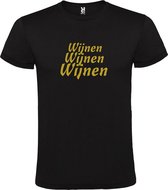 Zwart  T shirt met  print van "Wijnen Wijnen Wijnen " print Goud size XXL