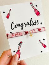 Wenskaart met sieraad - Congrats gefeliciteerd kaartje - Verstelbaar armbandje roze Ti amo ster goud - Verkleurt niet - In cadeauverpakking - Snel in huis