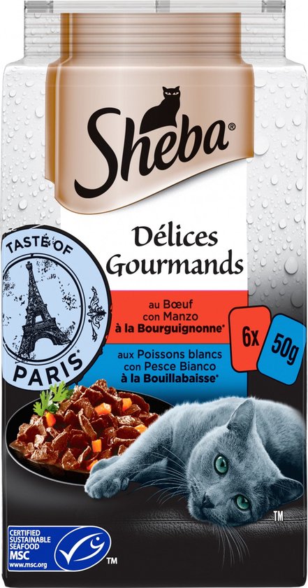 Sheba - Délices Gourmands met Rund en met Witvis 3x pakjes van 6x 50g