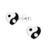 Joy|S - Zilveren hartje oorbellen - zwart wit - yin yang - 8 mm