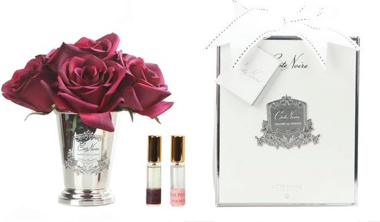 Kunstbloemen boeket 7 rozen Carmine Red – zilveren vaas – Cote Noire (SMB04) ipv geurstokjes