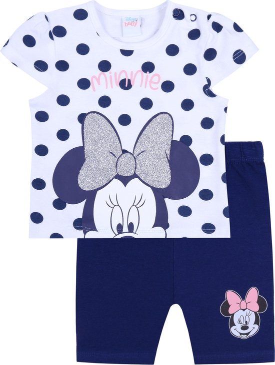 Wit-marineblauw gestippelde babyset, T-shirt + korte broek - Minnie Mouse Disney