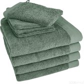 HOOMstyle Badgoedset 4 x Handdoeken 60x110cm en 4 x Washandjes - 100% Katoen 650gr - Groen / Olijf