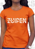 HOREN, ZIEN, ZWIJGEN, ZUIPEN damesshirt - Oranje met wit - Maat L - Korte mouwen - Ronde hals - Aansluitende zijnaden - Grappige teksten - leuke shirts - humor - quotes - kwoots -