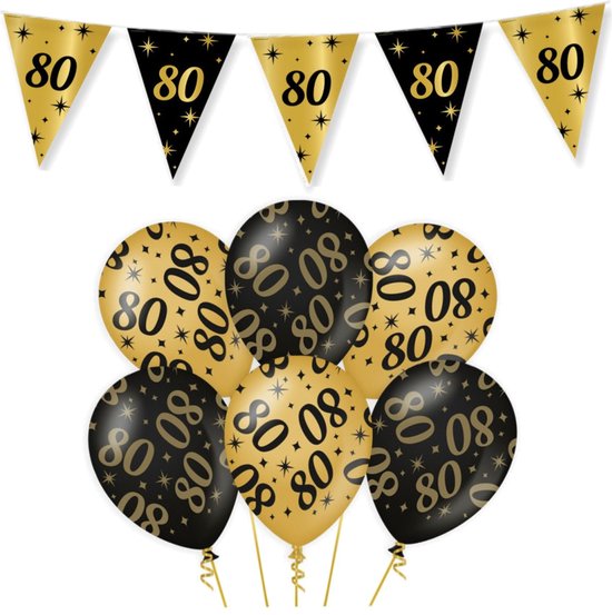 regeling cascade bunker Leeftijd verjaardag feestartikelen pakket vlaggetjes/ballonnen 80 jaar  zwart/goud -... | bol.com