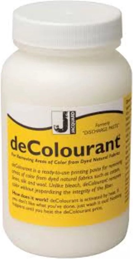 Bocal blanc avec étiquette jaune et noire, Jacquard deColourant. "DISCHARGE PASTE".
