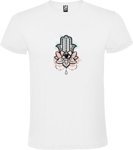 Wit T-shirt met Hamsa Hand in Roze en zacht Groen size 3XL