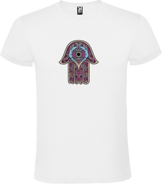 Wit T-shirt met Hamsa Hand in Paars, Aqua en Beige kleuren size 4Xl
