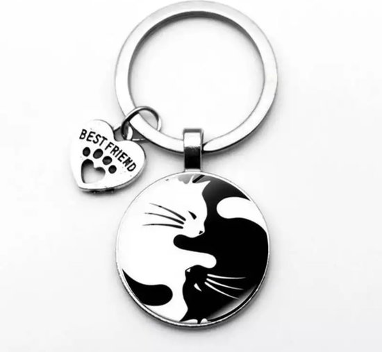 Katten Sleutelhanger - Pompon zwart & zilver - - Katten