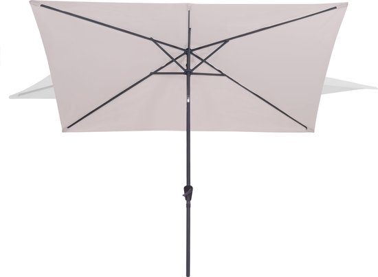 Bovenaanzicht van een geopende, rechthoekige, lichtgrijze parasol.