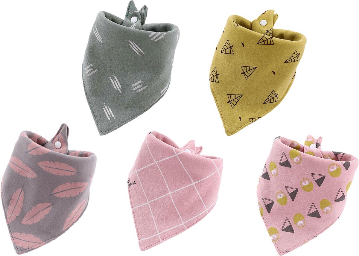 Goedkoopste MINIIYOU Bandana slabbetjes Baby - Roze Veren - 5 Stuks - 2-laags Katoen - Puntslabbetjes