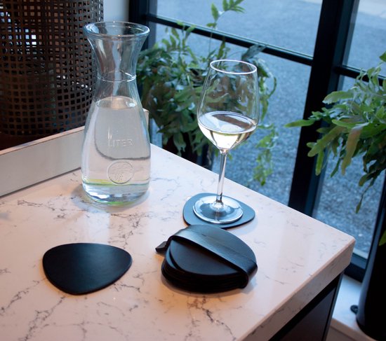 Coolty 6-delige Ronde Onderzetters PU-Leder Met Houder - Zwart