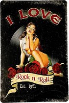 I love rock n roll - Metalen bord - Wandbord - 20 x 30cm - Bar decoratie - Cadeau - Metalen borden - UV bestendig - Eco vriendelijk - Wandborden - Snelle levering - Cave & Garden