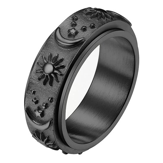 Anxiety Ring - (zon maan) - Stress Ring - Fidget Ring - Draaibare Ring - Spinning Ring - Spinner Ring - Zwartkleurig RVS - (17.50 mm / maat 55)
