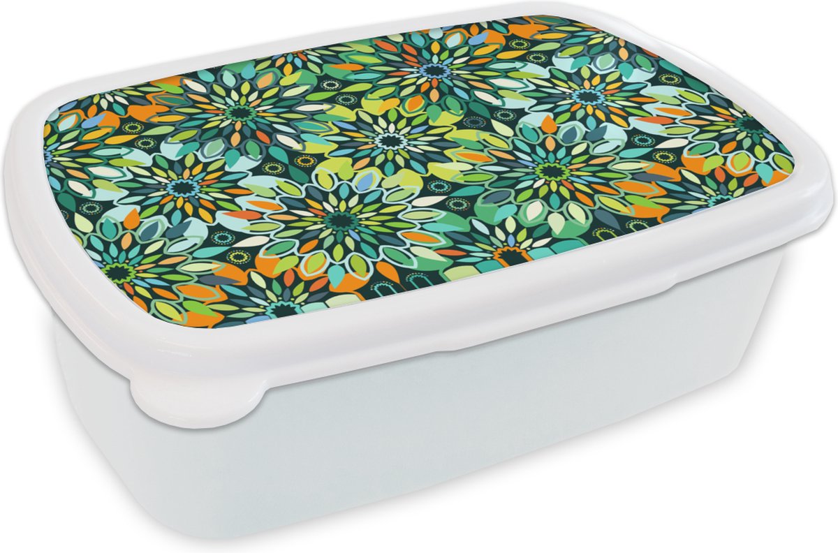 Broodtrommel Wit - Lunchbox - Brooddoos - Patroon - Mandala - Groen - 18x12x6 cm - Volwassenen