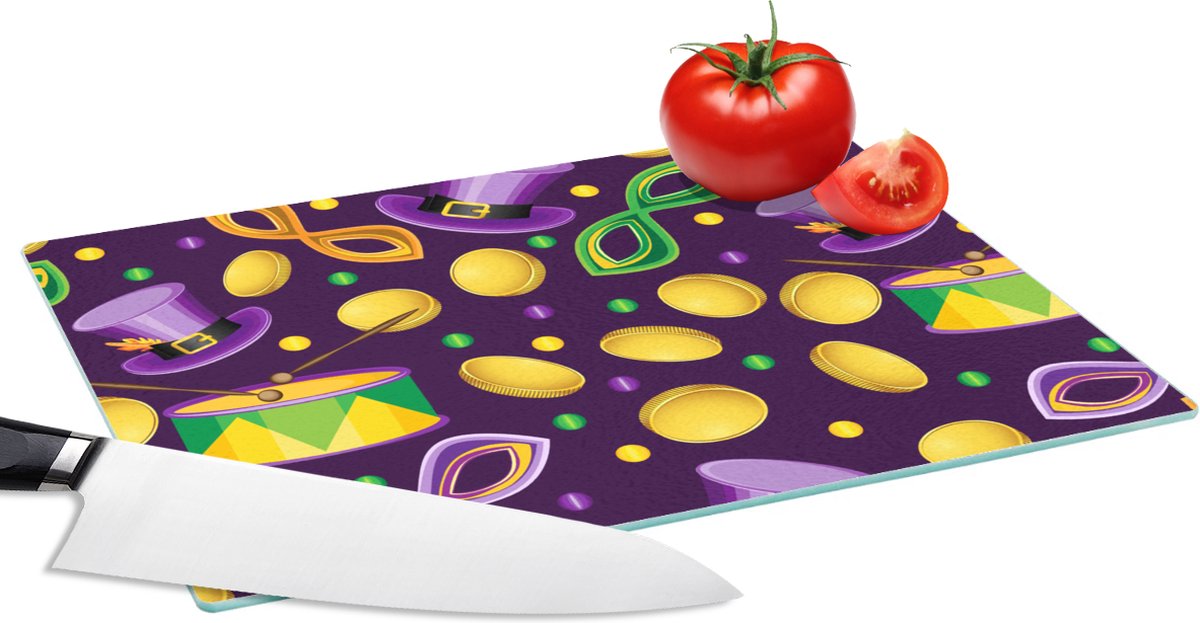 Glazen Snijplank - 28x20 - Carnaval - Feest - Paars - Patronen - Snijplanken Glas