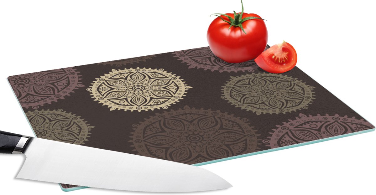 Glazen Snijplank - 28x20 - Design - Mandala - Bruin - Snijplanken Glas