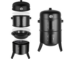 3 in 1 Barbecue – Houtskool BBQ – Rookoven met Deur – 41 cm Grill en Roker – Moderne Smoker – Waterkom – Vuurkachel – Barbecues – Zwart – 44,5 x 80 cm