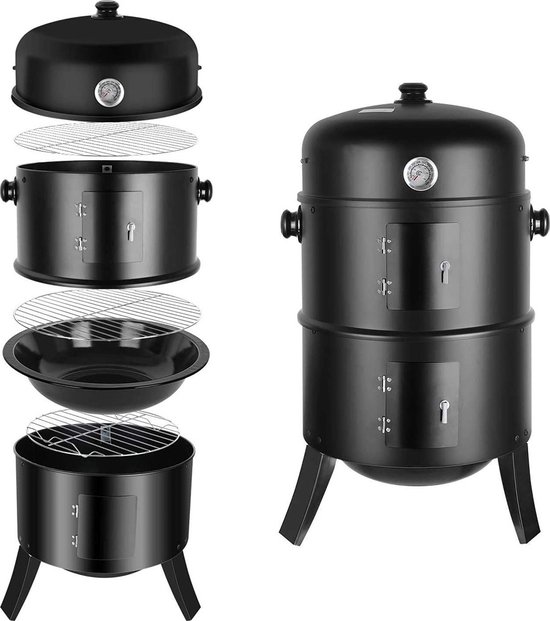 3 in 1 Barbecue – Houtskool BBQ – Rookoven met Deur – 41 cm Grill en Roker – Moderne Smoker – Waterkom – Vuurkachel – Barbecues – Zwart – 44,5 x 80 cm