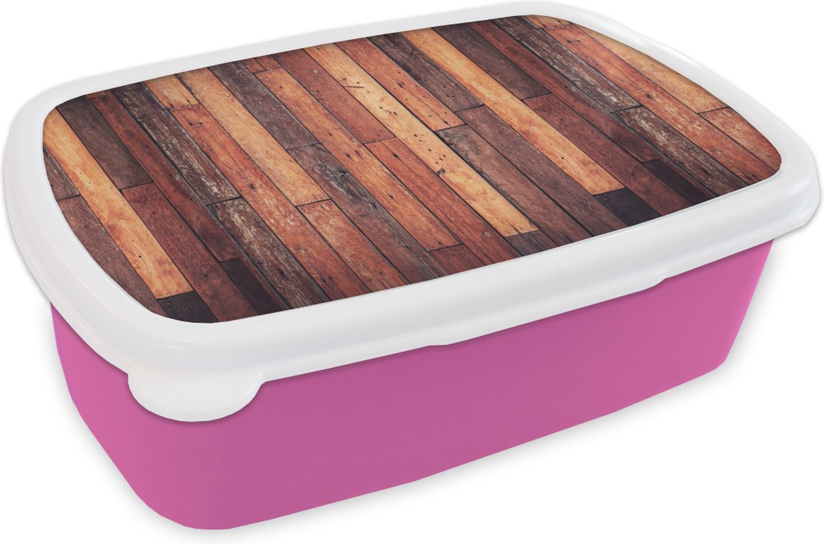 Broodtrommel Roze - Lunchbox - Brooddoos - Plank - Vintage - Patroon - 18x12x6 cm - Kinderen - Meisje