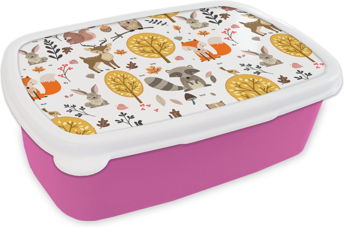 Broodtrommel Roze - Lunchbox - Brooddoos - Design - Dieren - Bos - 18x12x6 cm - Kinderen - Meisje