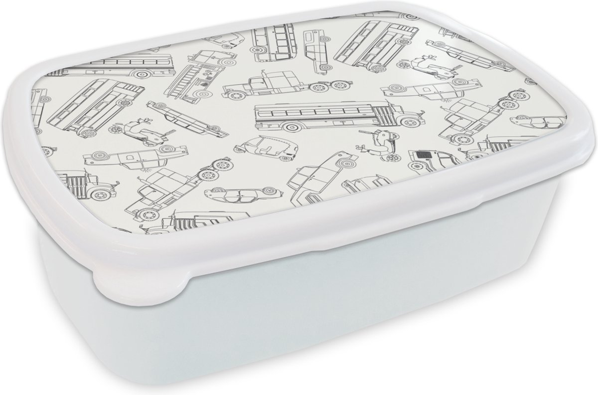Broodtrommel Wit - Lunchbox - Brooddoos - Patronen - Auto - Vrachtwagen - 18x12x6 cm - Volwassenen