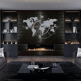 Wanddecoratie |Wereldkaart Kompas /  World Map Compass  decor | Metal - Wall Art | Muurdecoratie | Woonkamer |Zilver| 140x104cm