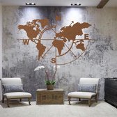 Wanddecoratie |Wereldkaart Kompas /  World Map Compass  decor | Metal - Wall Art | Muurdecoratie | Woonkamer |Bruin| 117x91cm