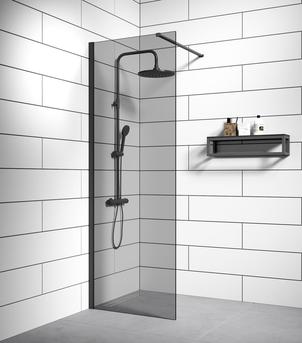 Badplaats Douchewand Rizani 70 cm x 200 cm - Zwart – Getint Rookglas Inloopdouche 8 mm Veiligheidsglas