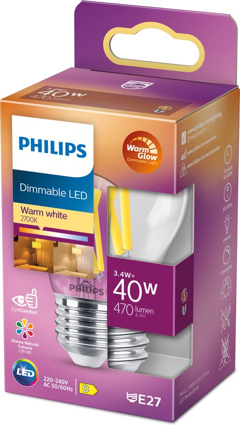 Emballage de la lampe LED Philips Dimmable, blanc chaud 2700K, culot E27, 40W, 470 lumens, EyeComfort, classe énergétique D.