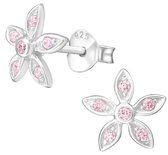 Joy|S - Zilveren elegante bloem oorbellen - 9 mm - roze zirkonia