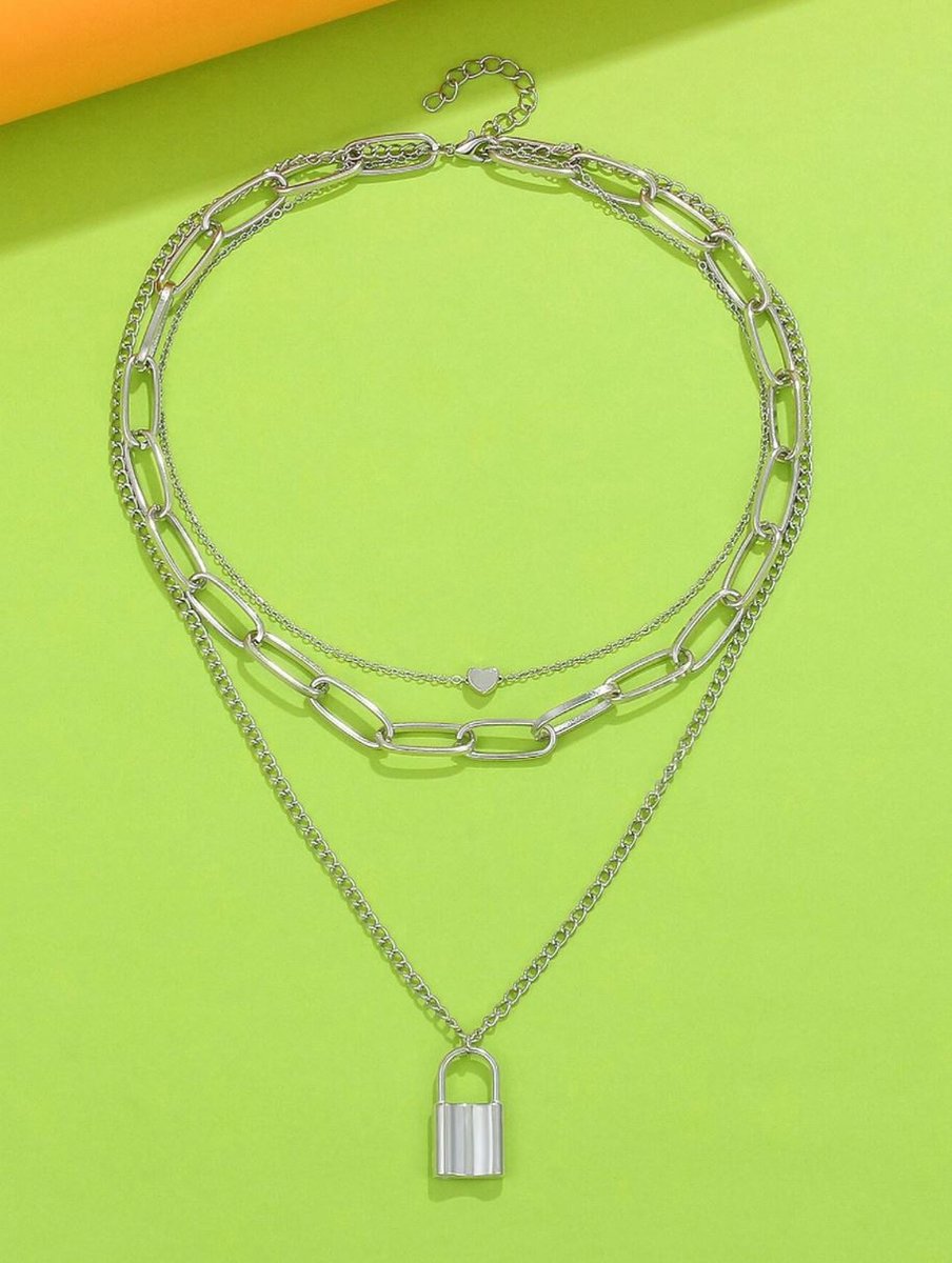 Multilayer ketting slotje - hartje zilverkleur