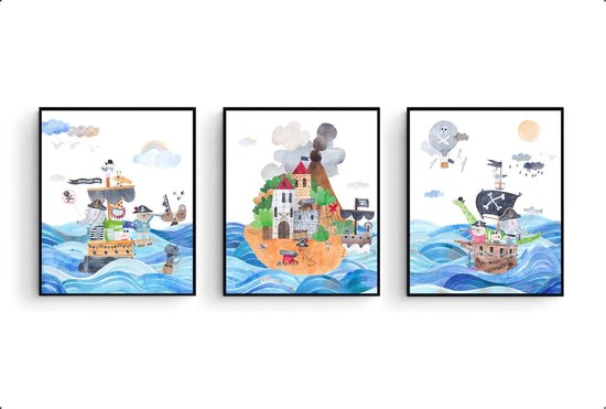Poster Set 3 Piraten beertje met dieren vriendjes gaan schat zoeken - piraten thema / Dieren / 80x60cm