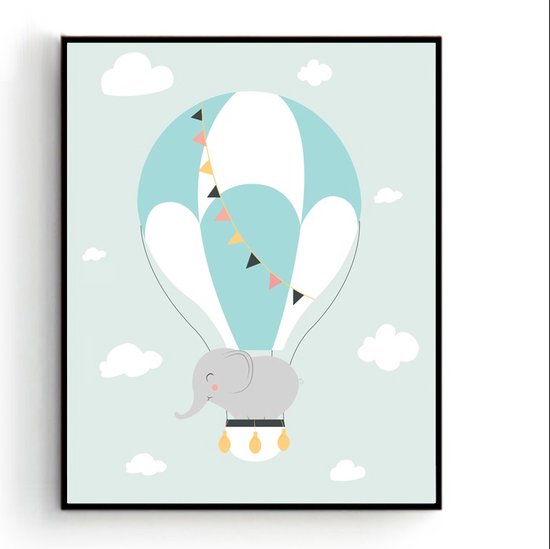 Poster Olifant in een Luchtballon Groen - Kinderkamer - Dierenposter - Babykamer / Kinderposter - Babyshower Cadeau - Muurdecoratie - 70x50cm - Postercity