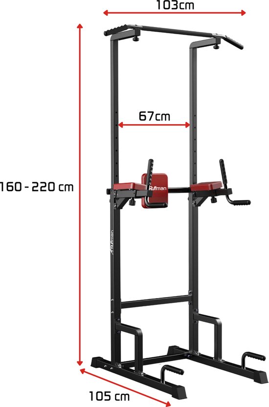Zwart krachtstation met rode kussens, met afmetingen: hoogte 160-220cm, breedte 103cm, diepte 105cm.