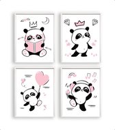 Poster Set 4 Panda boek lezen prinses ballon muziek luisteren - Roze Hartje / Meisje / 80x60cm