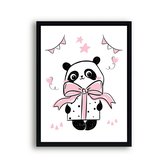 Poster Roze Panda met Cadeautje / Verrassing - Hartjes - Meisjeskamer - Babyshower / Geboorte Cadeau - Babykamer - 80x60cm - Postercity