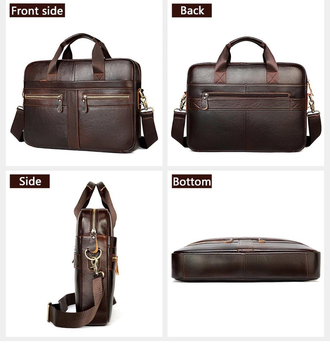 Laptop tas 17 inch heren leren laptoptas schoudertas aktetas bruin echt rundleer waterbestendig - Afbeelding 4