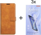 Samsung Galaxy A33 5G Bookcase Lichtbruin - portemonee hoesje met 3 stuk Glas Screen protector - ZT Accessoires