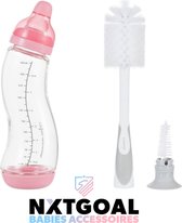 Difrax BabyPakket Glazen Babyfles 250 ml – Anti-Colic – Roze & Flessenborstel 2 in 1 Deluxe