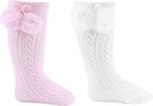 Soft Touch - 2 paar Pelerine Kniekousen met Pompoms - Roze & Wit - Maat: 12-24 mnd