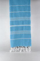 uit Turkije By Aquatolia Hamamdoek Kadyanda met Witte Strepen - 100% Zacht Katoen - Strandlaken - Handdoek - Blauw - 100cm x 180cm - Originele hamamdoek uit Turkije