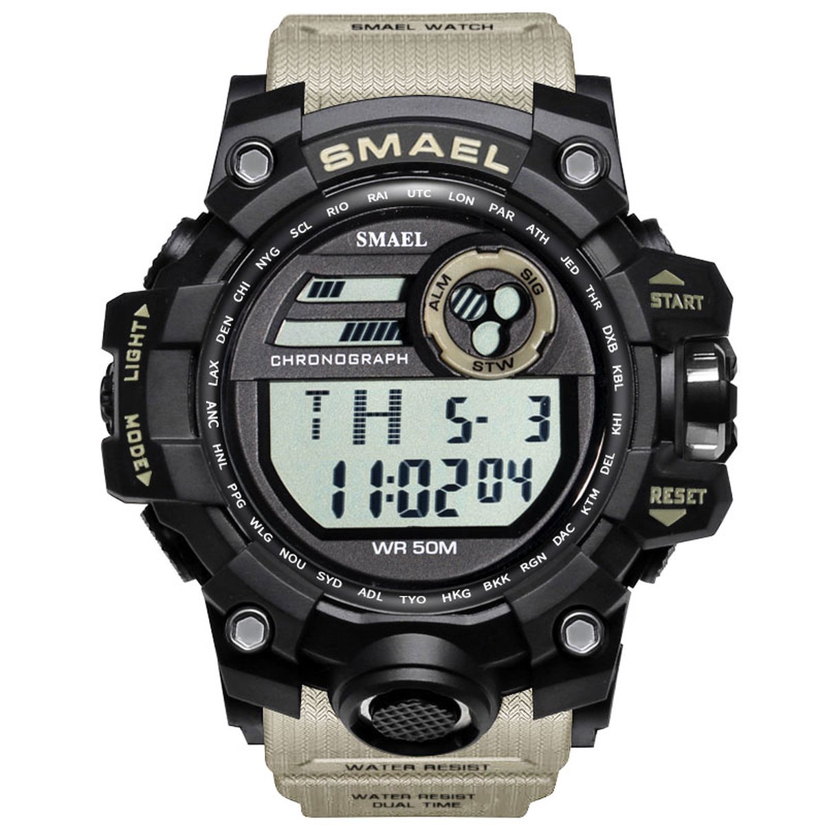 Heren Horloge Digitaal Shock Bestendig Khaki met rubber band | Smael | 1545D | Waterdicht | Glow in dark | Mud Master | Leger | Licht | Kaki | Rubberen band | Timer | Army | Eyecatcher | Master| Vaderdag Cadeau | Vaderdag | kado|