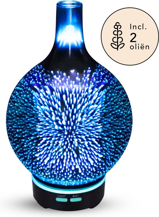 Seidon™ Aroma Diffuser – 3D Glas - Gratis Ebook en 2 Etherische Oliën - Luchtbevochtiger – Geur Verspreider