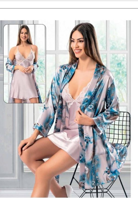 Kimono- Nachtjapon- 2-delig Luxe Kimono met nachtjapon- Pyjama set met Kanten Nachtjurk- Beste kwaliteit sexy nachtkleding 2080- Poeder roze met blauw- Maat L
